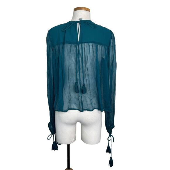 Free People Retro Femme Sheer Beaded Long Sleeve Blouse NWT Turquoise FLAW XS - Picture 3 of 11